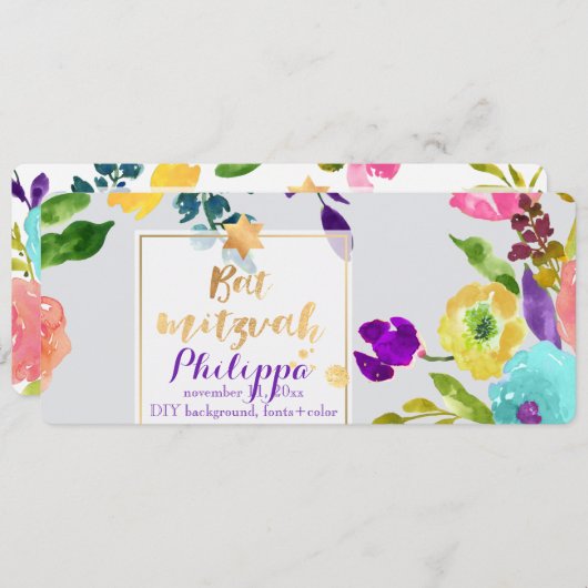 PixDezines Waterverf/Bloemen/Bat Mitswa Kaart (Voorkant / Achterkant)
