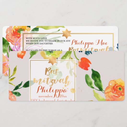 PixDezines Waterverf/Bloemen/Bat Mitswa Kaart (Voorkant / Achterkant)
