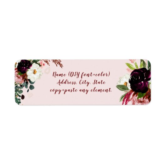 PixDezines Waterverf Bloemen Bourgondië Blush Etiket (Voorkant)