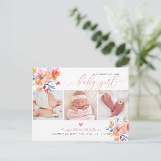 PixDezines Waterverf bloemen, Meisje Geboorte Briefkaart (Staand voorkant)