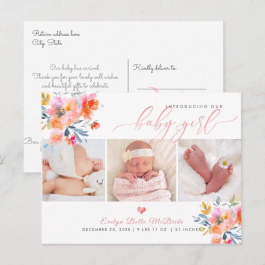 PixDezines Waterverf bloemen, Meisje Geboorte Briefkaart (Voorkant / Achterkant)