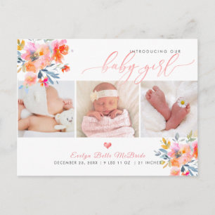 PixDezines Waterverf bloemen, Meisje Geboorte Briefkaart