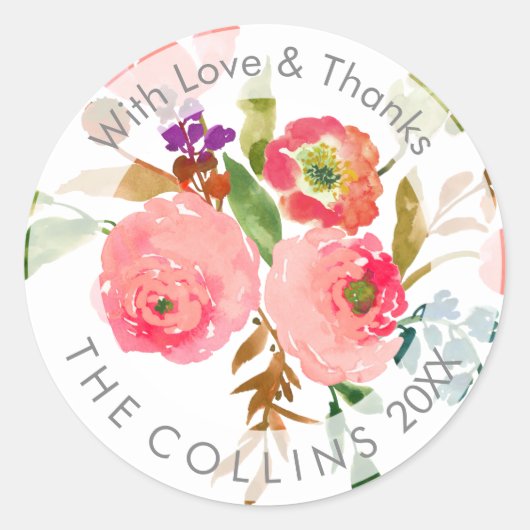 PixDezines Waterverf Bloemen/Ranunculus/Dank u Ronde Sticker (Voorkant)