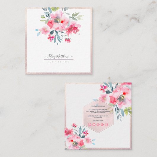 PixDezines Waterverf Bloemen Roze Blush Vierkante Visitekaartje (Voorkant / Achterkant)