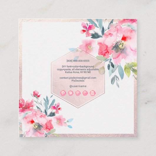 PixDezines Waterverf Bloemen Roze Blush Vierkante Visitekaartje (Achterkant)