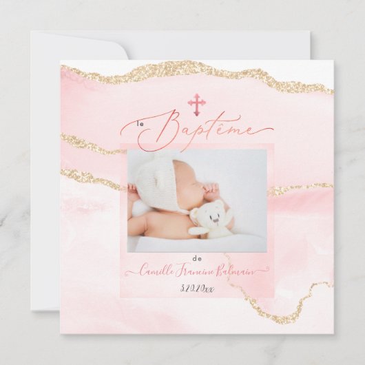 PixDezines Waterverf Blush Agate, Baptême Fille Kaart (Voorkant)