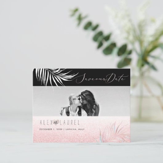 PixDezines Waterverf Blush Palm, Save the Date Briefkaart (Staand voorkant)