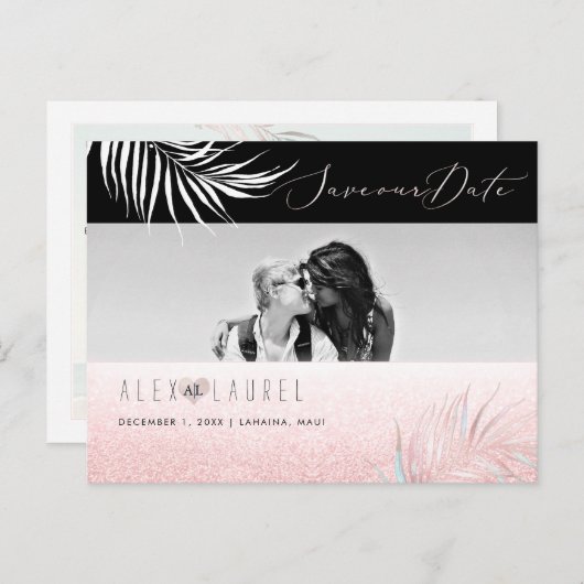 PixDezines Waterverf Blush Palm, Save the Date Briefkaart (Voorkant / Achterkant)