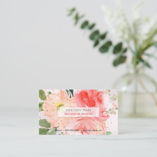 PixDezines Waterverf Blush Peonies Gold Dust Busi Visitekaartje (Staand voorkant)