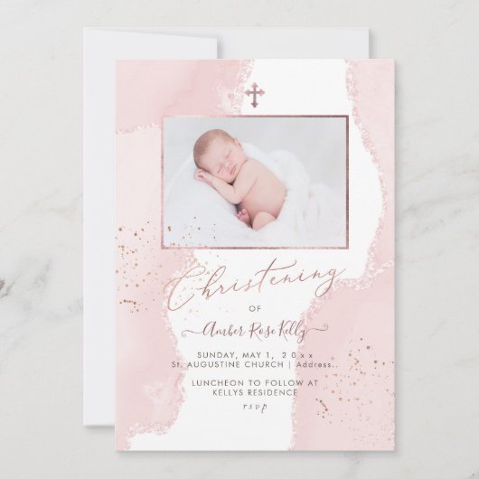 PixDezines Waterverf Blush Pink Christening Kaart (Voorkant)