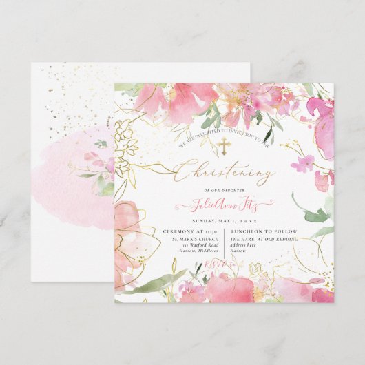 PixDezines Waterverf Blush Sweet Peas Christening Kaart (Voorkant / Achterkant)