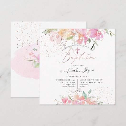 PixDezines Waterverf Blush Sweet Peas Doop Kaart (Voorkant / Achterkant)