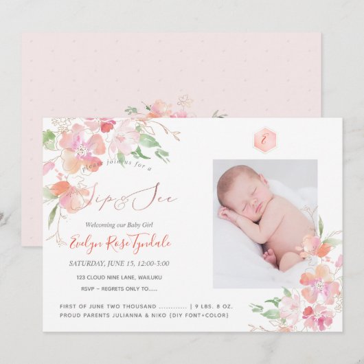 PixDezines Waterverf Blush Sweet Peas Sip+See Kaart (Voorkant / Achterkant)