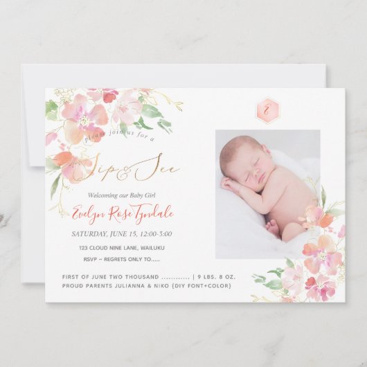 PixDezines Waterverf Blush Sweet Peas Sip+See Kaart (Voorkant)