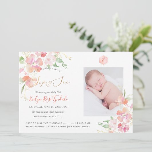 PixDezines Waterverf Blush Sweet Peas Sip+See Kaart (Staand voorkant)