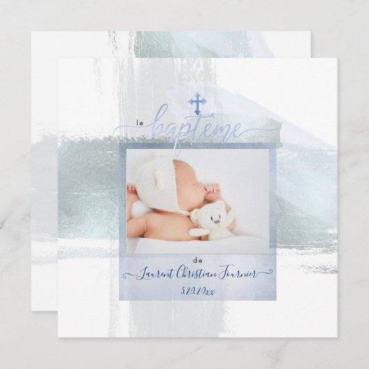 PixDezines Waterverf Brush Stroke, Baptême garçon Kaart (Voorkant / Achterkant)