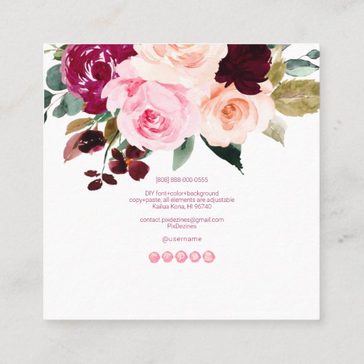 PixDezines Waterverf Burgundy Blush Flowers Vierkante Visitekaartje (Achterkant)