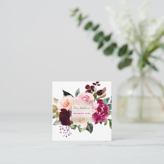 PixDezines Waterverf Burgundy Blush Flowers Vierkante Visitekaartje (Staand voorkant)
