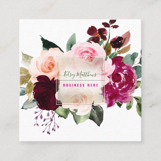 PixDezines Waterverf Burgundy Blush Flowers Vierkante Visitekaartje (Voorkant)