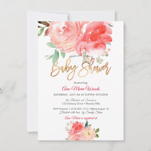 PixDezines Waterverf Coral Peonies Baby shower Kaart (Voorkant)