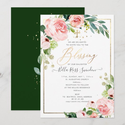 PixDezines Waterverf Delicate Blush Bloom Doop Kaart (Voorkant / Achterkant)