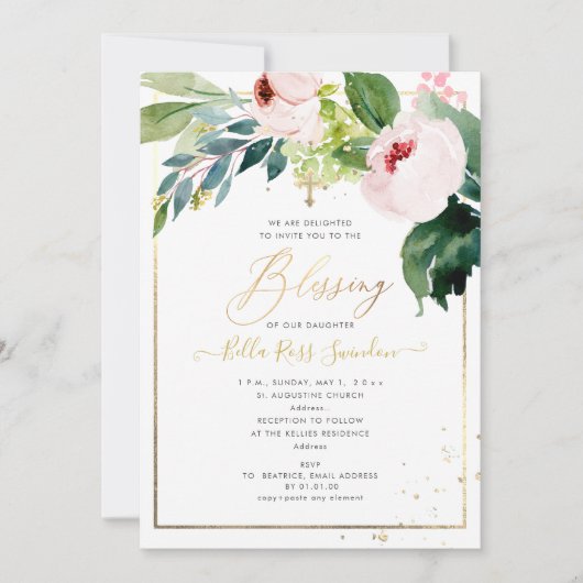 PixDezines Waterverf Delicate Blush Bloom Doop Kaart (Voorkant)