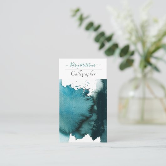 PixDezines Waterverf Drop in Blauwgroen Visitekaartje (Staand voorkant)