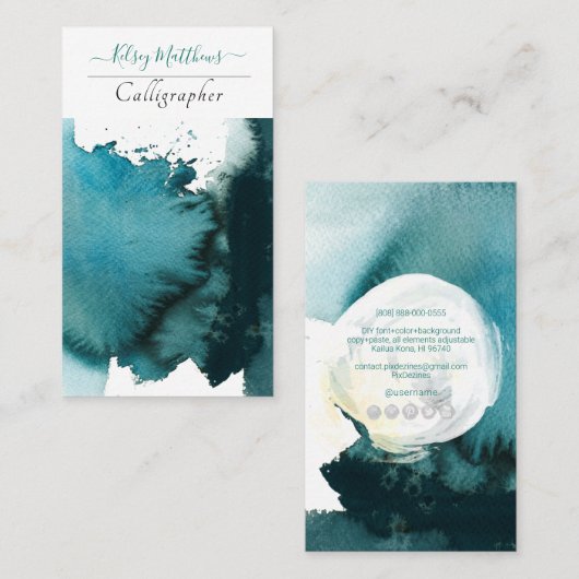 PixDezines Waterverf Drop in Blauwgroen Visitekaartje (Voorkant / Achterkant)