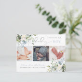 PixDezines Waterverf Dusty Blue Eucalyptus Geboort Briefkaart (Staand voorkant)