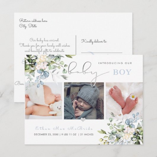 PixDezines Waterverf Dusty Blue Eucalyptus Geboort Briefkaart (Voorkant / Achterkant)