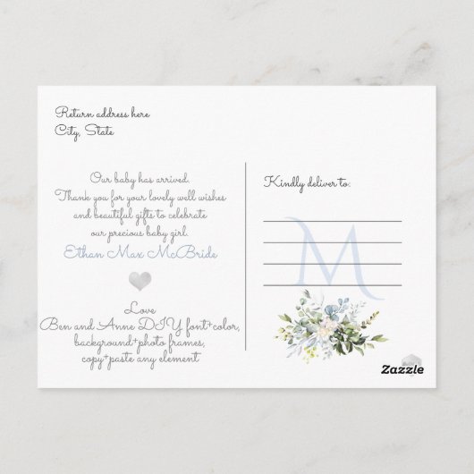 PixDezines Waterverf Dusty Blue Eucalyptus Geboort Briefkaart (Achterkant)