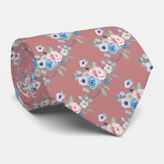 PixDezines Waterverf Dusty Blue Roos Peonies Neck Stropdas