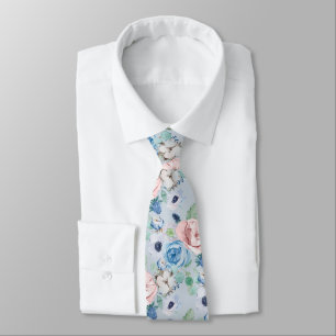 PixDezines Waterverf Dusty Blue Roos Peonies Neck Stropdas