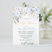 PixDezines Waterverf Dusty Blue Rozen Baby shower Kaart (Staand voorkant)