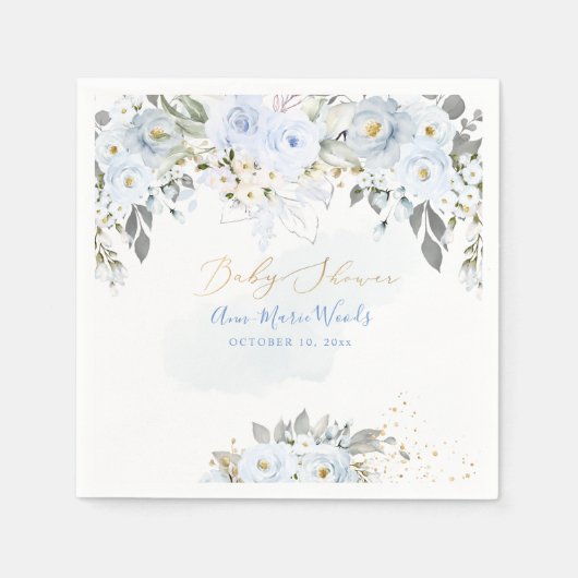 PixDezines Waterverf Dusty Blue Rozen Baby shower Servet (Voorkant)