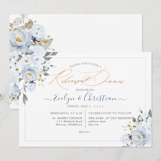 PixDezines Waterverf Dusty Blue Rozen Kaart (Voorkant / Achterkant)