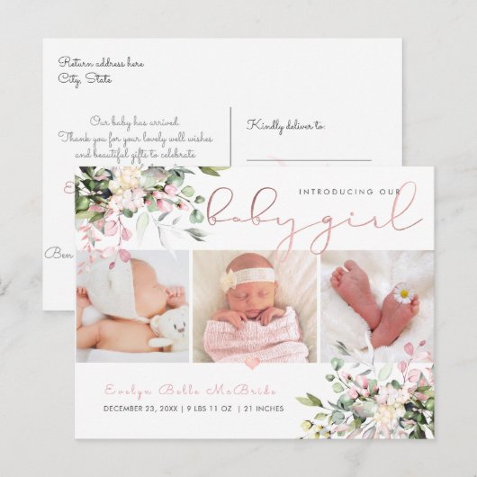 PixDezines Waterverf Dusty Pink Eucalyptus Birth Briefkaart (Voorkant / Achterkant)