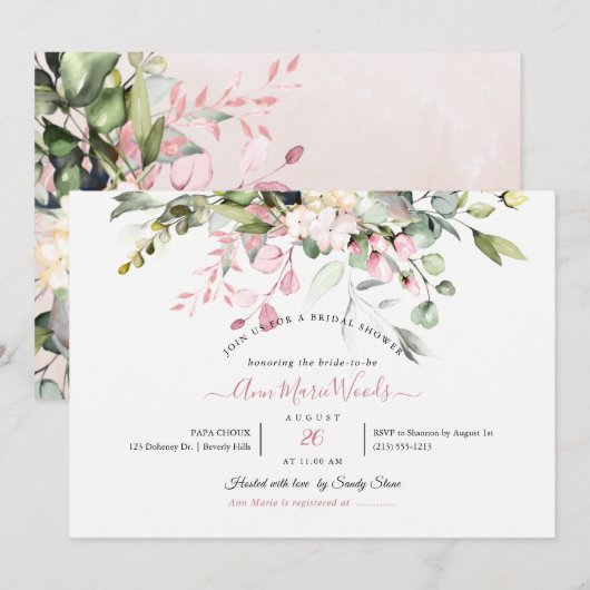 PixDezines Waterverf Dusty Pink Eucalyptus Bridal Kaart (Voorkant / Achterkant)