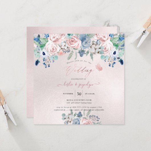 PixDezines Waterverf Dusty Roos Navy Blue Wedding Kaart (Voorkant / Achterkant in situ)