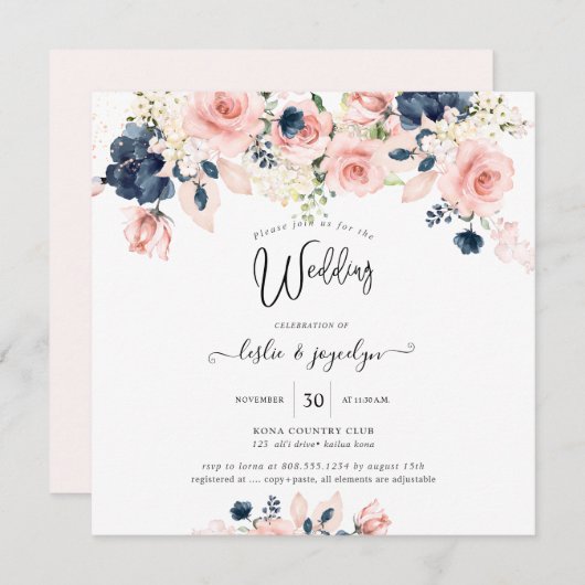 PixDezines Waterverf Dusty Roos Navy Blue Wedding Kaart (Voorkant / Achterkant)