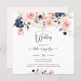 PixDezines Waterverf Dusty Roos Navy Blue Wedding Kaart