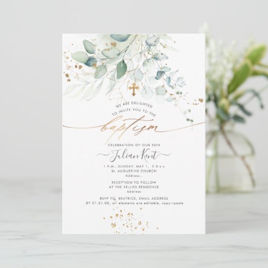 PixDezines Waterverf Eucalyptus Baptisme Kaart (Staand voorkant)