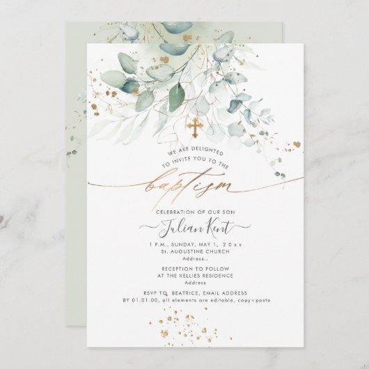 PixDezines Waterverf Eucalyptus Baptisme Kaart (Voorkant / Achterkant)