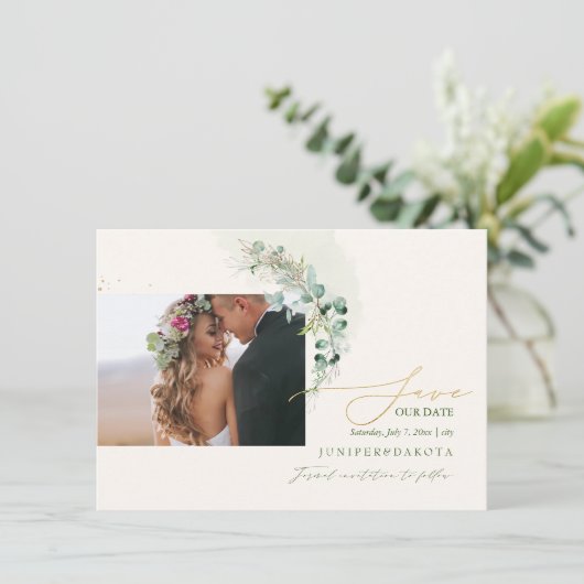 PixDezines Waterverf Eucalyptus Wreath Greenery Save The Date (Staand voorkant)