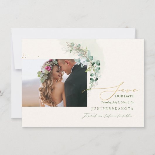 PixDezines Waterverf Eucalyptus Wreath Greenery Save The Date (Voorkant)