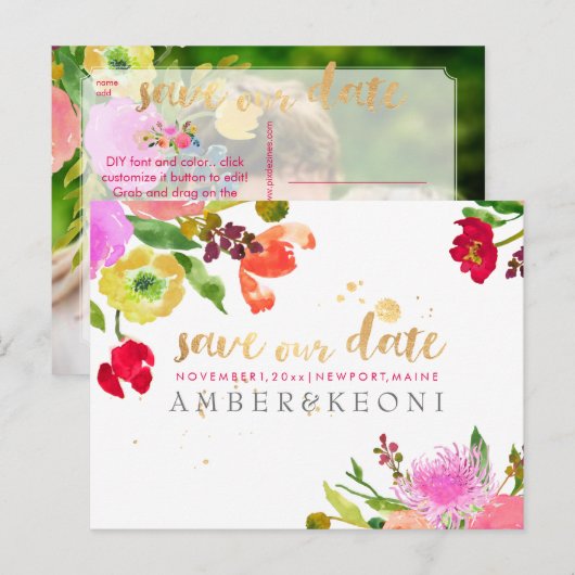 PixDezines waterverf floral save the date foto Aankondigingskaart (Voorkant / Achterkant)