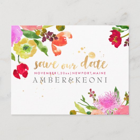 PixDezines waterverf floral save the date foto Aankondigingskaart (Voorkant)