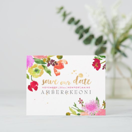 PixDezines waterverf floral save the date foto Aankondigingskaart (Staand voorkant)