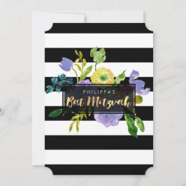 PixDezines Waterverf/Floral/Stripes Bat Mitzvah Kaart