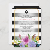 PixDezines Waterverf/Floral/Stripes Bat Mitzvah Kaart (Achterkant)